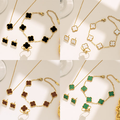 新款钛钢不掉色双面四叶花套装项链女时尚气质轻奢网红锁骨链手链