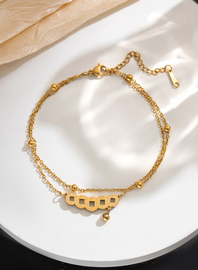 钛钢新款百搭五帝铜钱手链女小众设计感双层豆豆链手饰气质网红