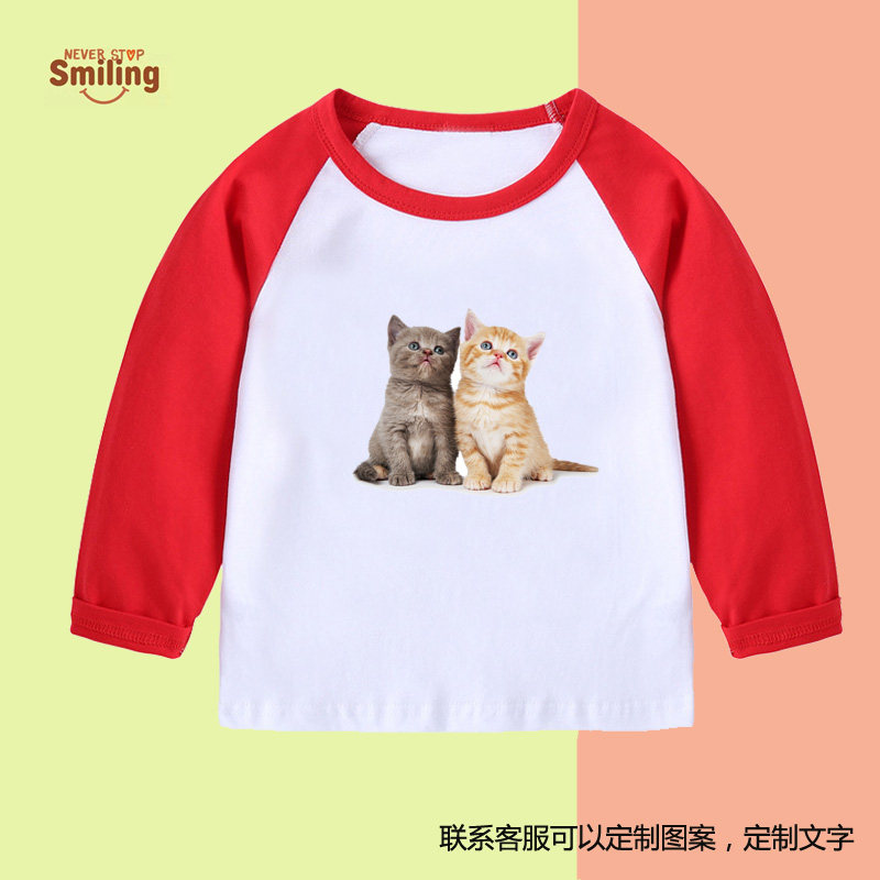 两只可爱小猫咪t恤 长袖中小童狸花猫男女童学校活动上衣服亲子装