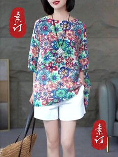 薄款 素订原创品牌旗舰店时尚 衬衫 文艺复古印花上衣宽松版 T恤 夏季