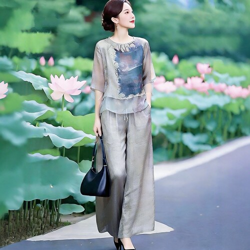 素韵订制女装原创品牌高级感五分袖时尚小衫薄款夏季阔腿裤两件套