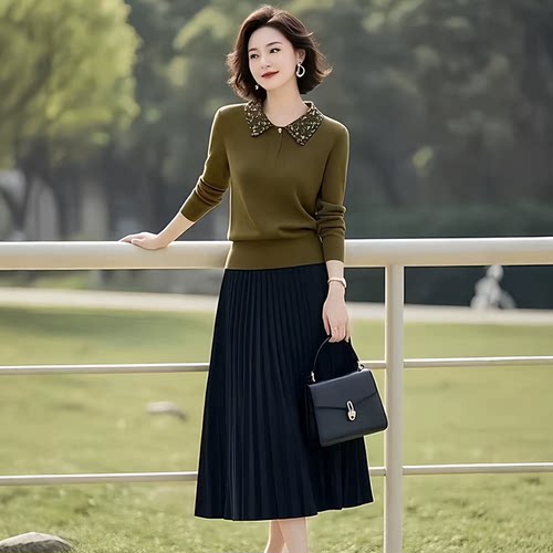 素韵订制女装旗舰店高级感时尚气质针织衫套装百褶半身长裙两件套