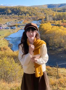 黄色毛线针织围巾女冬季韩系氛围感文艺纯色复古百搭保暖情侣围脖