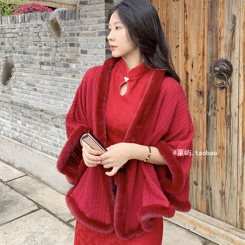 栗屿秋冬拼接中国风女仿皮草披肩