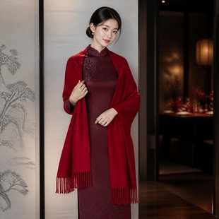 中国风红色流苏披肩女秋冬季搭配旗袍高端婚宴外搭喜婆婆妈妈围巾