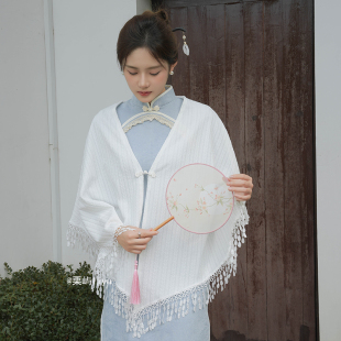 新中式文艺复古旗袍披肩外搭女配裙子盘扣旅游拍照春秋季白色外套