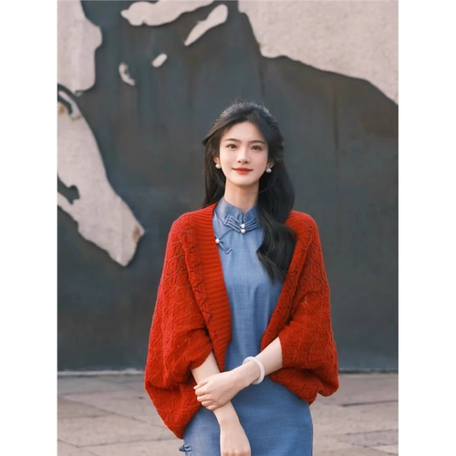 春秋气质民国风新中式旗袍外搭披肩红色显白绍兴旅游穿搭针织开衫