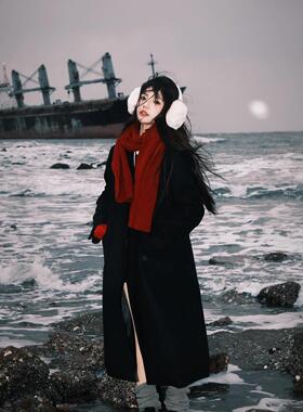 复古酒红色针织毛线围巾女冬本命新年氛围感威海旅游加厚保暖围脖