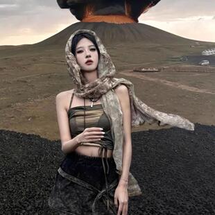 废土风敦煌沙漠大西北旅游拍照穿搭镂空迷彩系脖围巾头巾面罩网巾