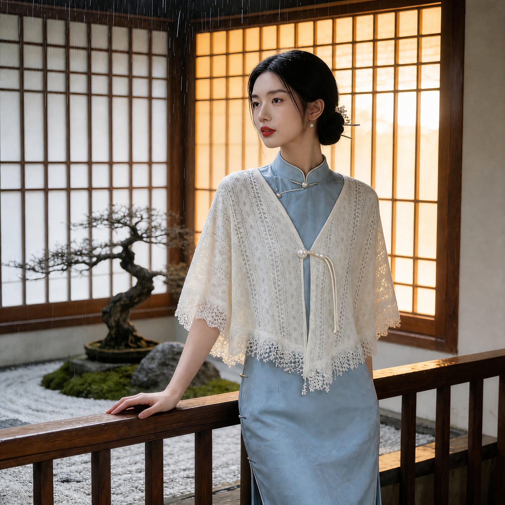 新中式旗袍披肩米白色外套苏州绍兴旅游拍照外搭礼服裙子日常开衫