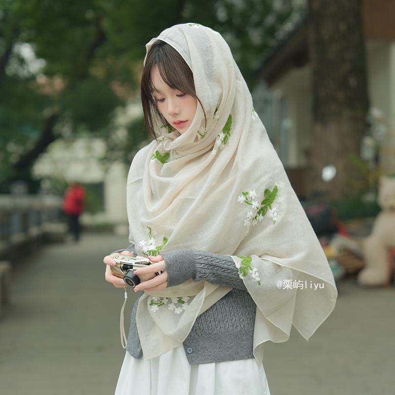 薄款刺绣棉麻围巾女旅游穿搭清新森系文艺春秋包头丝巾夏遮阳披肩