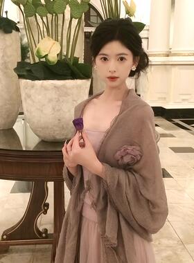 棉麻蕾丝纯色薄款披肩女外搭裙子旗袍春秋百搭防晒开衫空调房外套