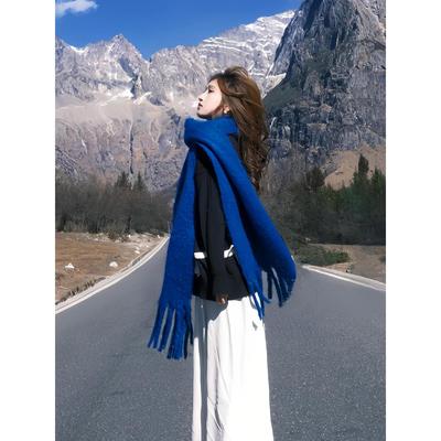 蓝色川西旅游围巾女秋冬季围脖新疆云南雪地旅游拍照披肩草原穿搭