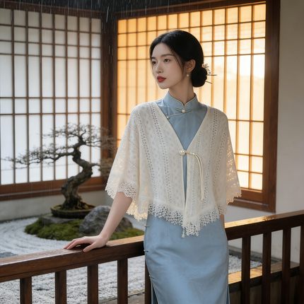 新中式旗袍披肩米白色外套苏州绍兴旅游拍照外搭礼服裙子日常开衫