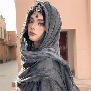 废土风埃及迪拜敦煌沙漠纱巾棉麻头巾披肩女新疆旅游穿搭拍照丝巾