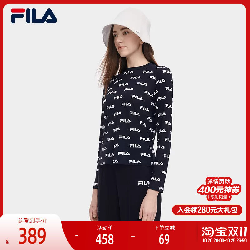 FILA 斐乐官方女子针织长袖衫夏季时尚休闲满印LOGO长T恤