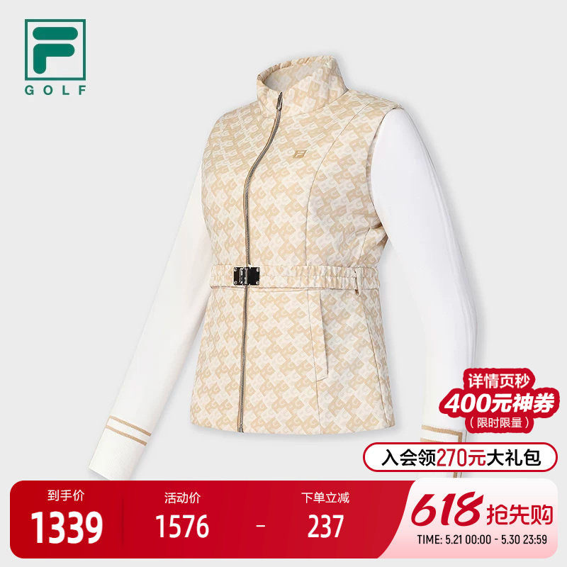 FILA 斐乐官方女士棉服2025春季新款高尔夫运动满印拼接收腰外套