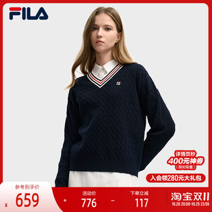 FILA 斐乐官方女子编织衫2025冬新款时尚休闲复古宽松V领麻花毛衣