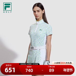 FILA 斐乐官方女子针织短袖衫2024夏季新款高尔夫运动满印拼接T恤