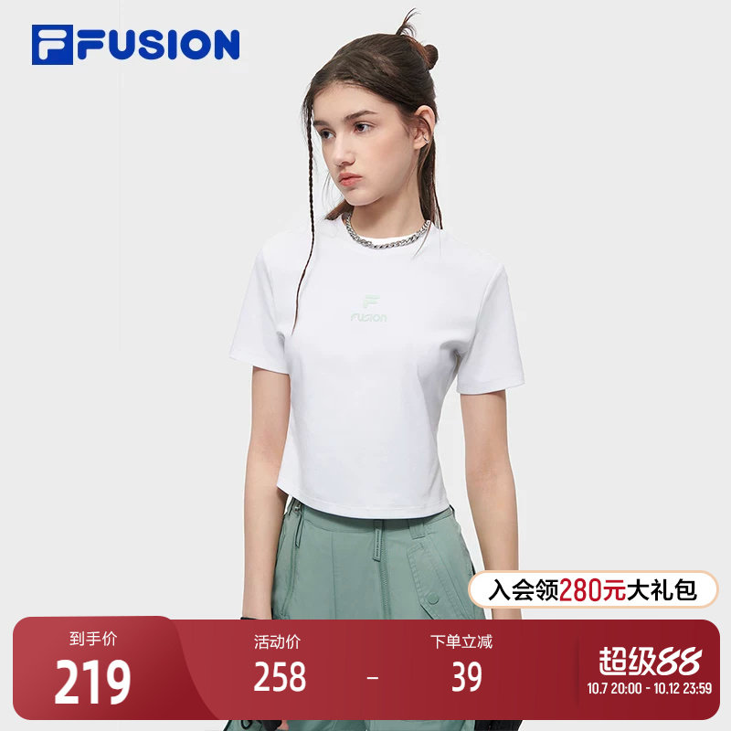 FILA FUSION斐乐潮牌女子针织短袖衫夏季时尚修身短款运动上衣T恤