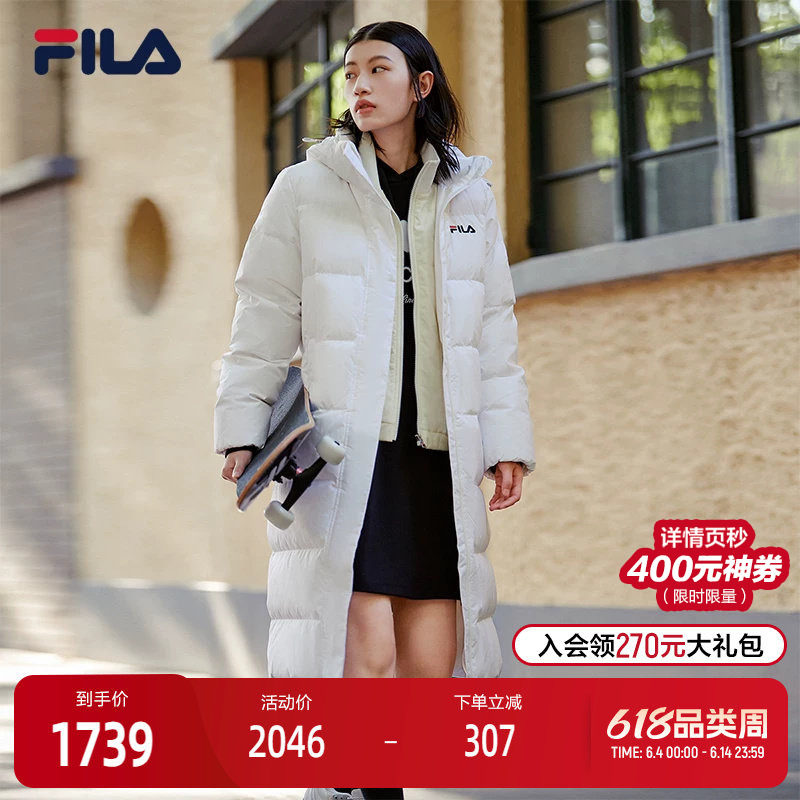 FILA斐乐女羽绒服冬季连帽保暖时尚中长款舒适过膝百搭运动羽绒服