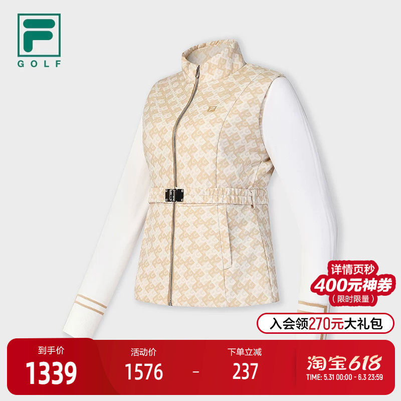 FILA 斐乐官方女士棉服2025春季新款高尔夫运动满印拼接收腰