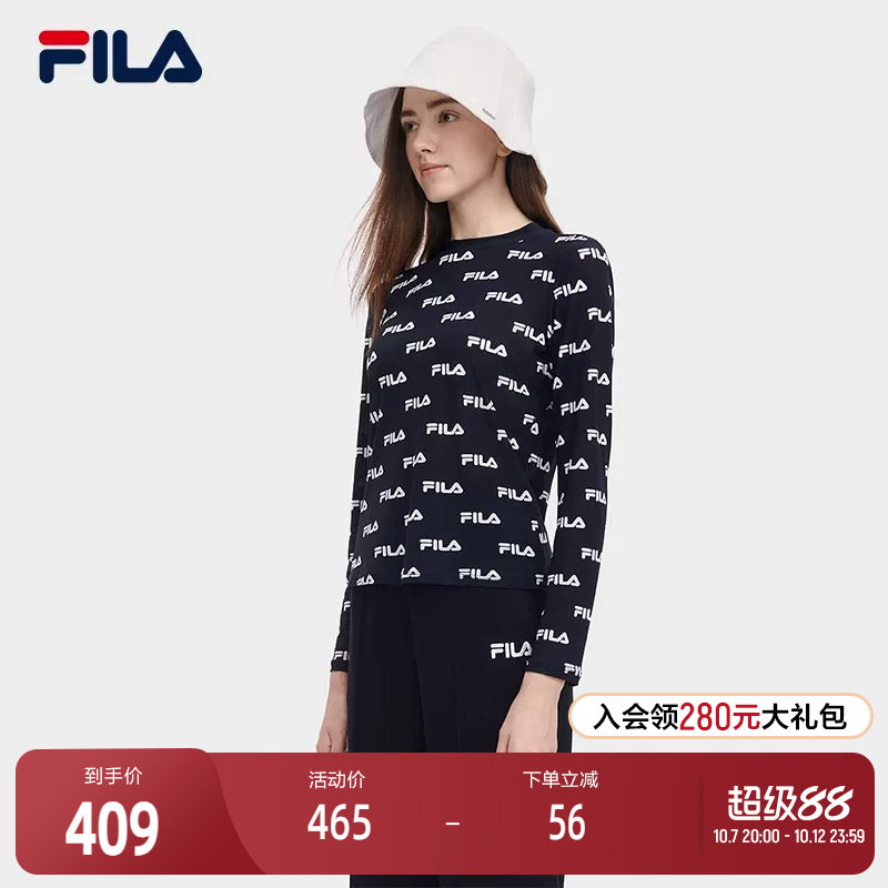 FILA 斐乐官方女子针织长袖衫夏季时尚休闲满印LOGO长T恤