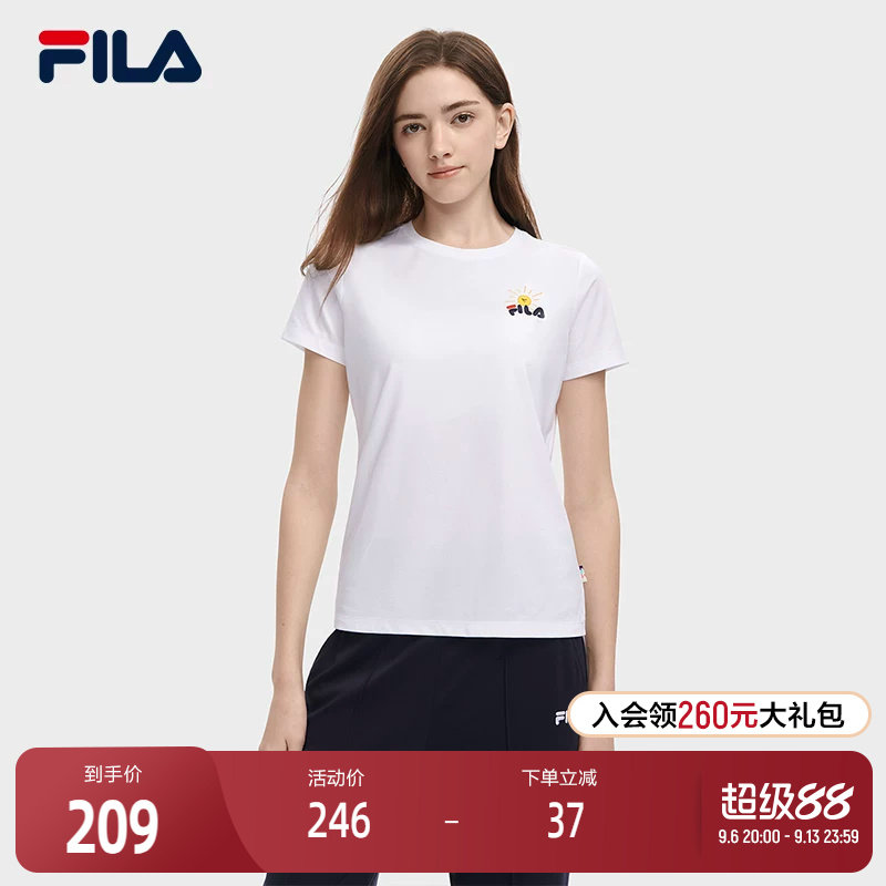 FILA斐乐女子短袖T恤夏时尚创意插画运动休闲针织短袖衫