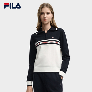 FILA 斐乐官方女子编织衫2025冬季新款时尚休闲拼色舒适翻领毛衣
