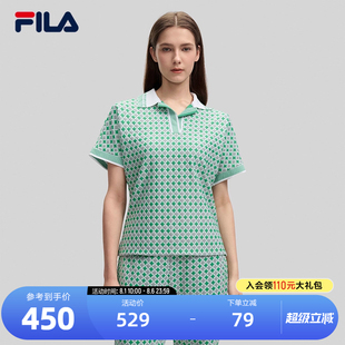 时尚 FILA 2024秋新款 Emerald斐乐女子针织短袖 舒适满印上衣 POLO衫