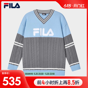 斐乐官方女子编织衫 FILA 2024春新款 时尚 休闲舒适撞色拼接V领毛衣