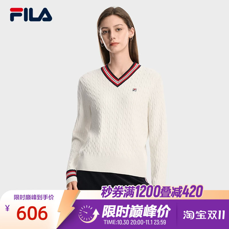 FILA 斐乐官方女子编织衫2026春新款时尚休闲舒适绞花V领套头毛衣