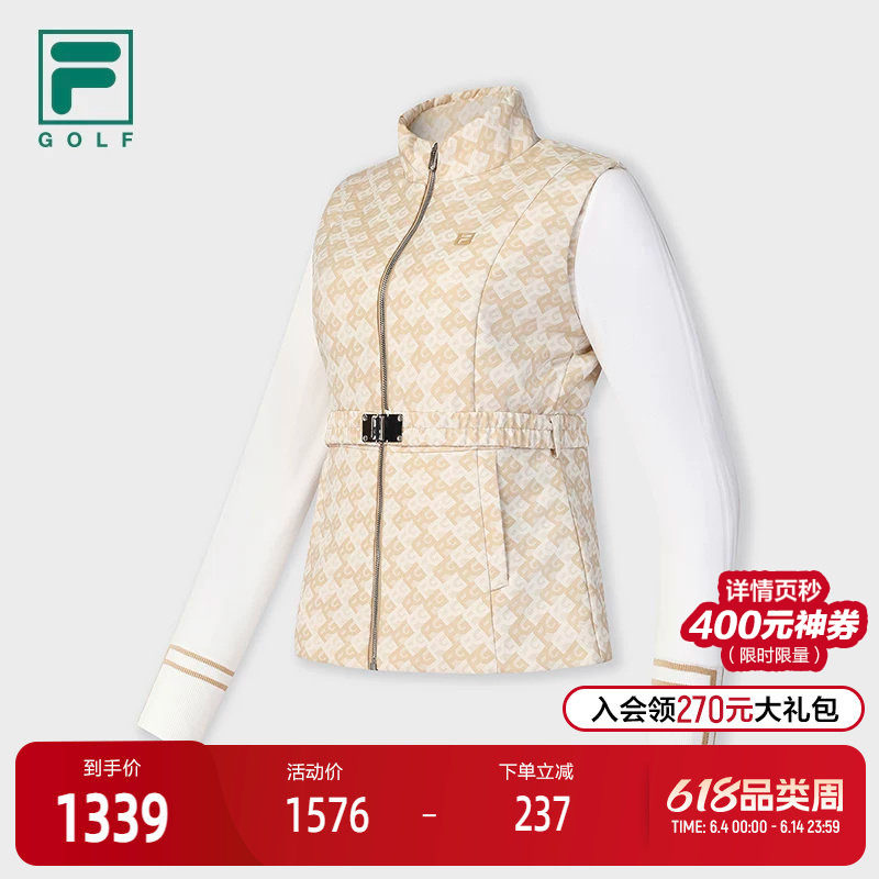 FILA 斐乐官方女士棉服2025春季新款高尔夫运动满印拼接收腰外套