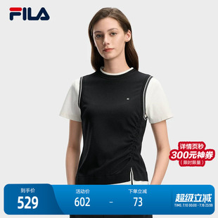FILA 斐乐官方女子针织短袖衫2026春新款时尚休闲设计感假两件T恤