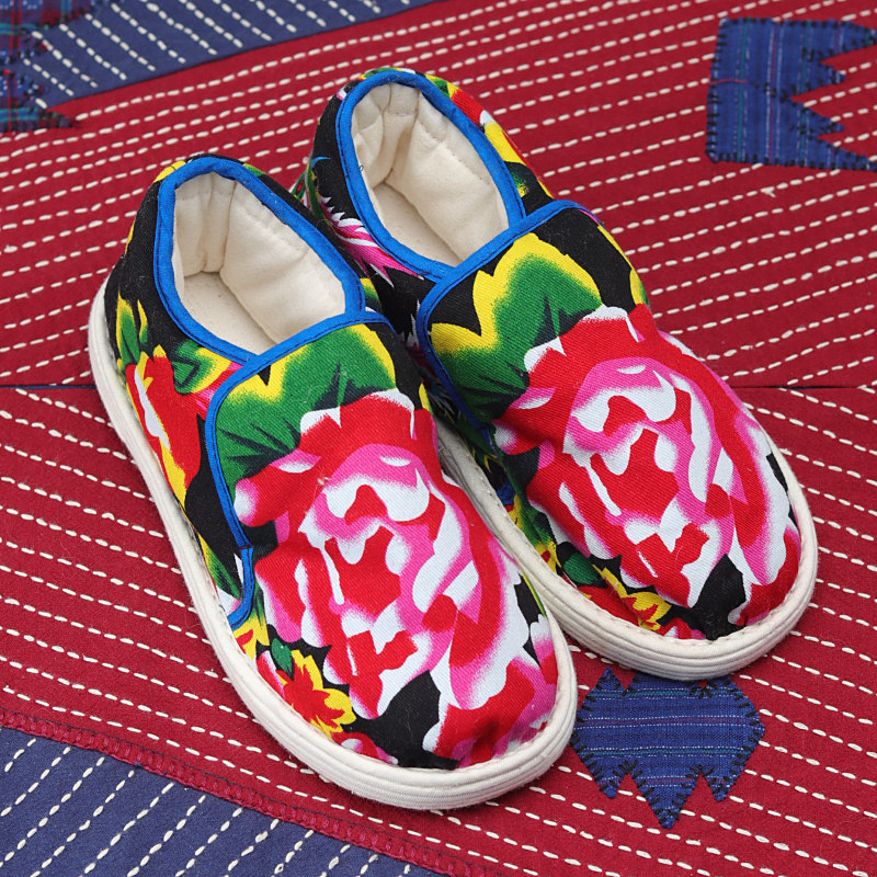 东北大花棉鞋女冬手工千层底棉花鞋保暖加厚民族风居家室内棉窝窝