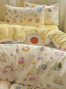 可爱卡通四件套纯棉100全棉ins风被套床笠床单宿舍三件套床上用品