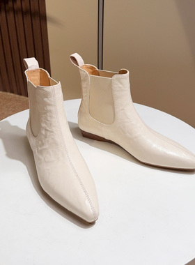 拾光仓真皮法式白色切尔西靴软皮软底显瘦显脚小平底尖头短靴子女