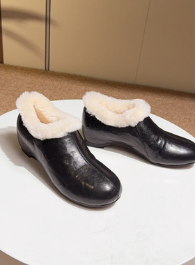 法式白色羊皮毛一体真皮毛毛短靴女懒人加绒保暖棉鞋内增高及踝靴