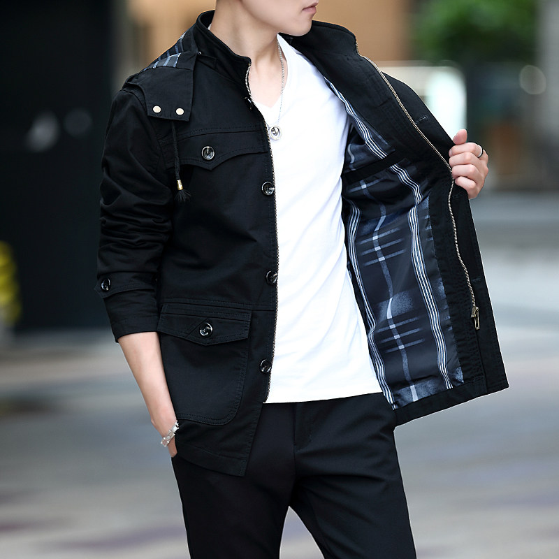 连帽风衣外套男冬季加绒加厚夹克大码男装潮流休闲爸爸中长款纯棉