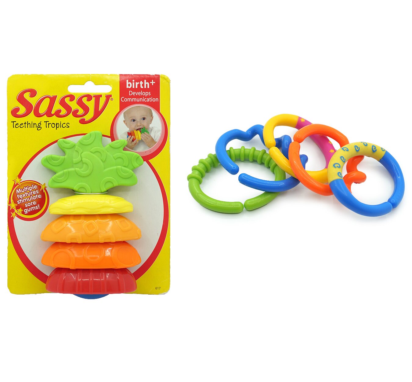 美国Sassy 婴幼儿菠萝牙胶可水煮固齿器扣环磨牙棒手抓握益智玩具