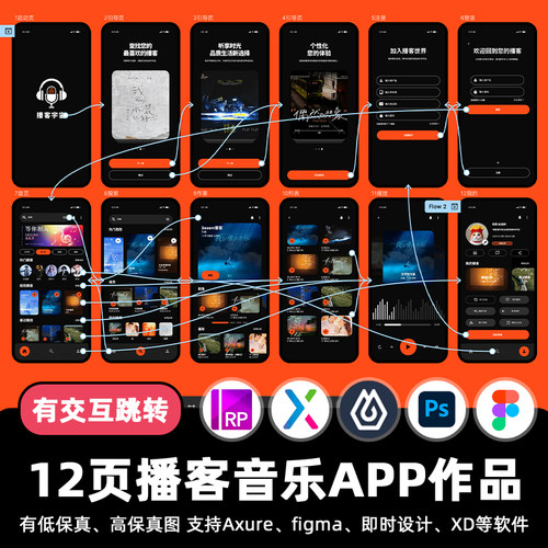 12页即时设计播客音乐电台APP交互跳转figma作业Axure原型xd素材