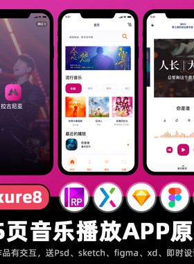 25页Axure8原型音乐APP听歌软件高保真动态面板figma交互设计作品