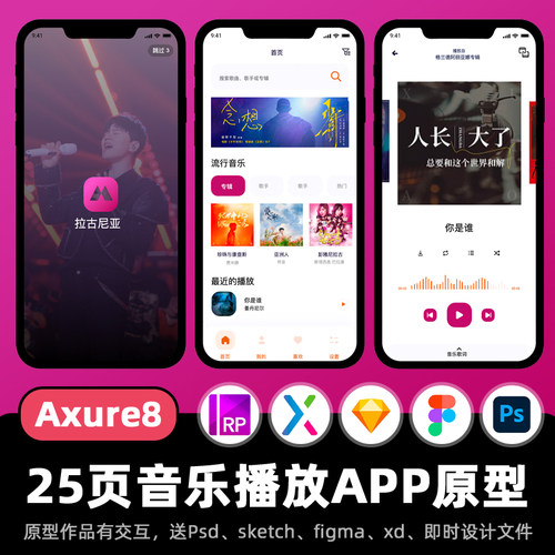 25页Axure8原型音乐APP听歌软件高保真动态面板figma交互设计作品