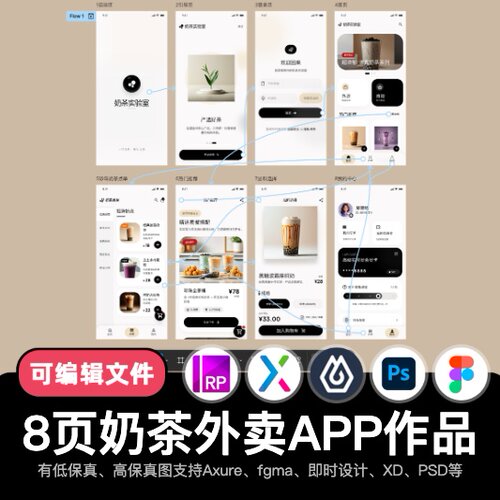 8页figma即时设计奶茶饮料外卖餐饮Axure交互原型APP作品mastergo