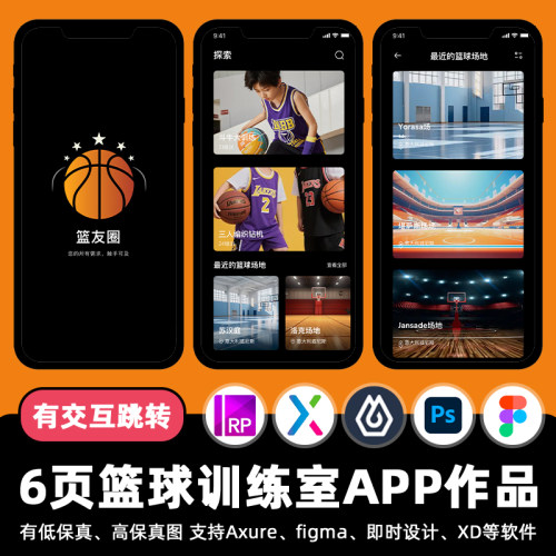 6页即时设计篮球训练室场地APP交互跳转figma作业Axure原型XD素材