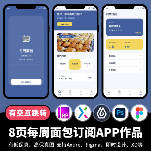 8页figma即时设计每周面包订阅外卖配送Axure交互原型UI作品xd/ps