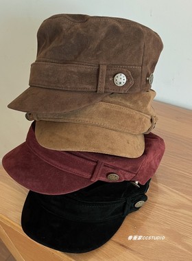 时髦美式工装风~纽扣平顶马术帽女秋冬麂皮绒韩女显脸小骑士帽子