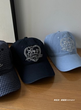 韩国裴珠泫同款小狗刺绣蓝色棒球帽子男女春夏百搭显脸小鸭舌帽潮