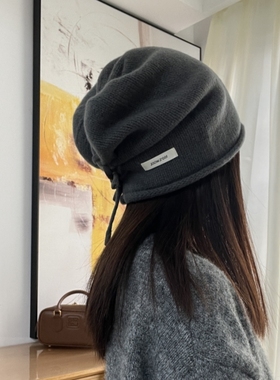 抽绳式100羊毛堆堆帽女冬日时髦保暖纯羊毛包头冷帽大头围显脸小