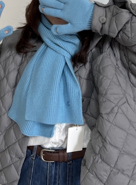 澳洲美利奴羊毛100%wool围巾女款2025新冬季韩国显白冰川蓝色围脖